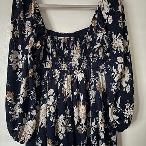 Abercrombie & Fitch Floral Long Sleeve Dress - Navy and Cream